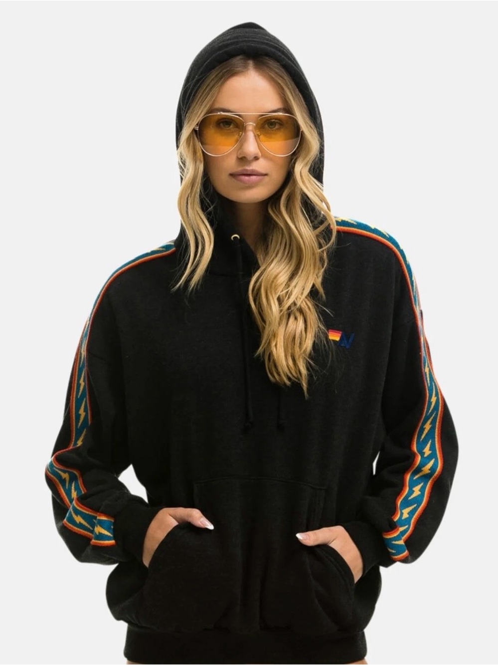 Aviator Nation Black Hoodie with Teal & Orange Stripe Lightning Sleeves
